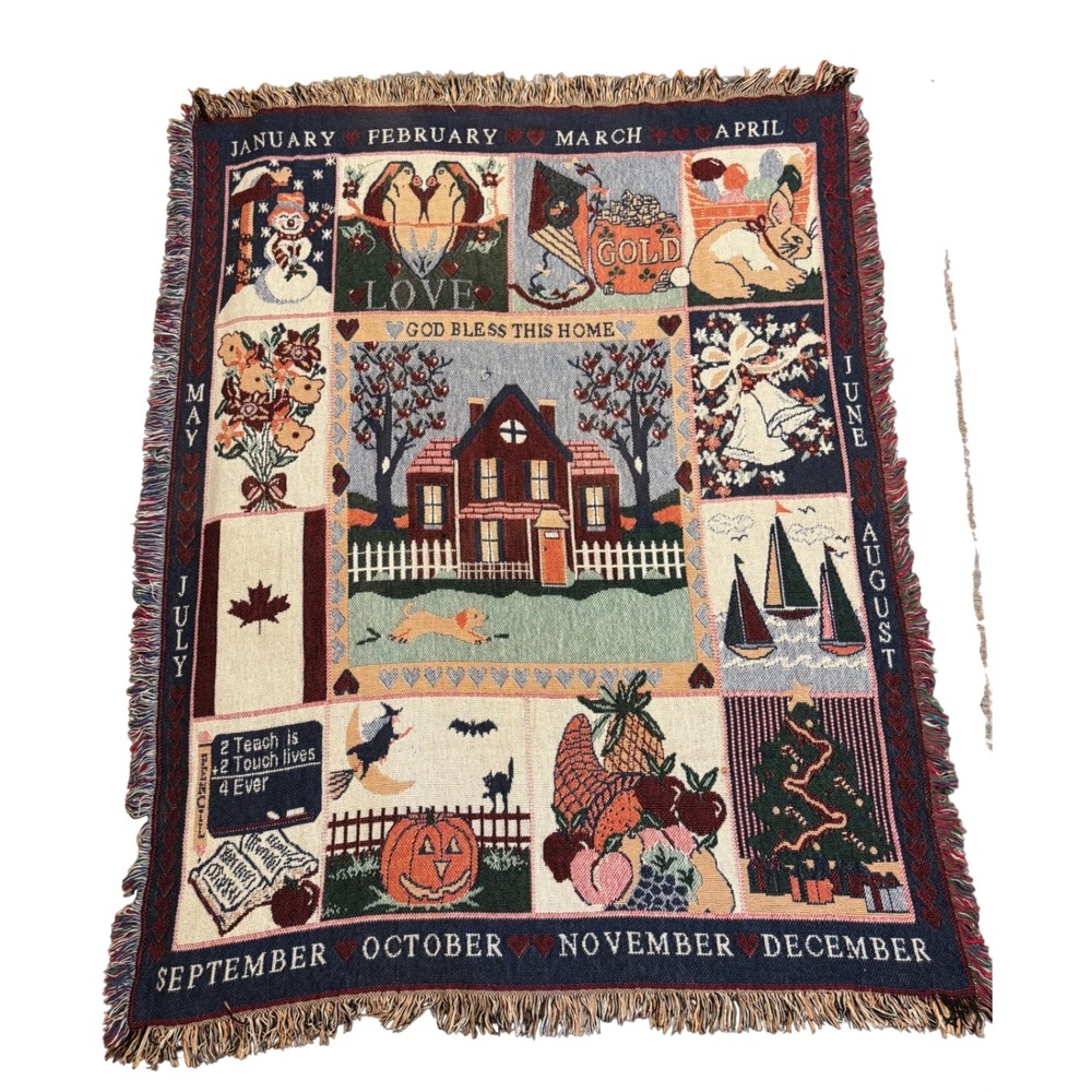 Vintage Woven Tapestry Throw Blanket God Bless This Home Calendar Months Fringed